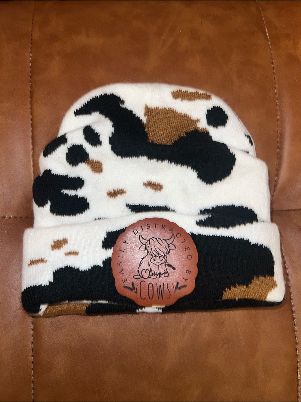 Kids Cow-Print Beanie - White, Black, Brown